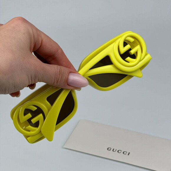 Gucci GG1325S 007 BRAND NEW Sunglasses Acid Yellow Brown Rectangle Unisex - Picture 3 of 11